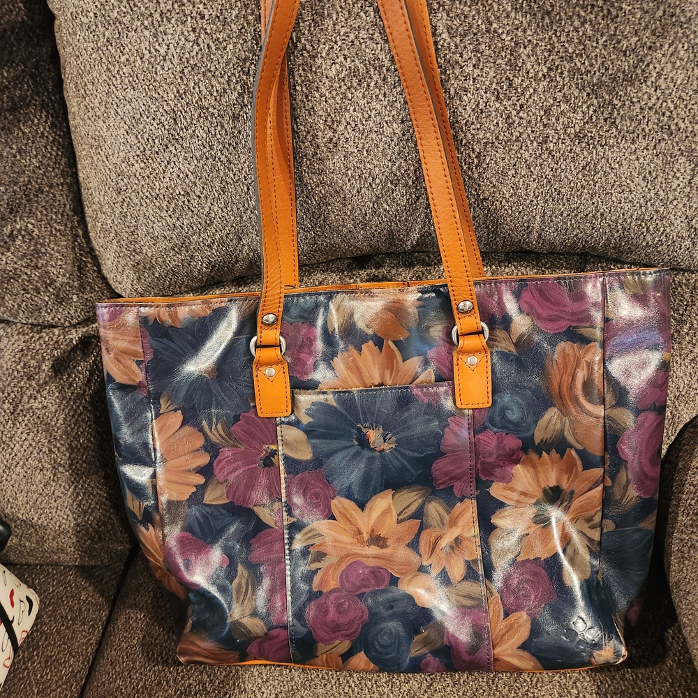 Floral Leather Tote Bag - Blue and Tan